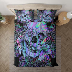 Holographic Mandala Skull Lily Flowers Duvet Cover Set - Wonder Skull