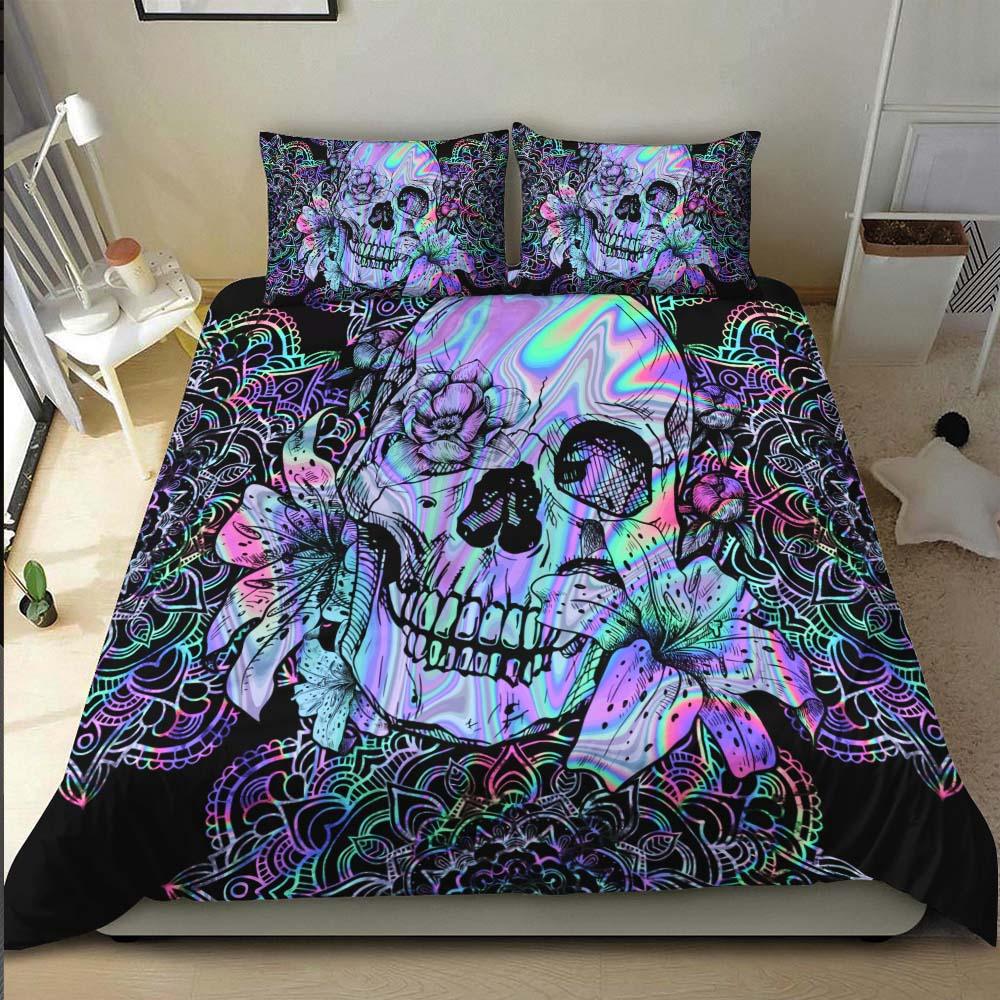 Holographic Mandala Skull Lily Flowers Duvet Cover Set - Wonder Skull