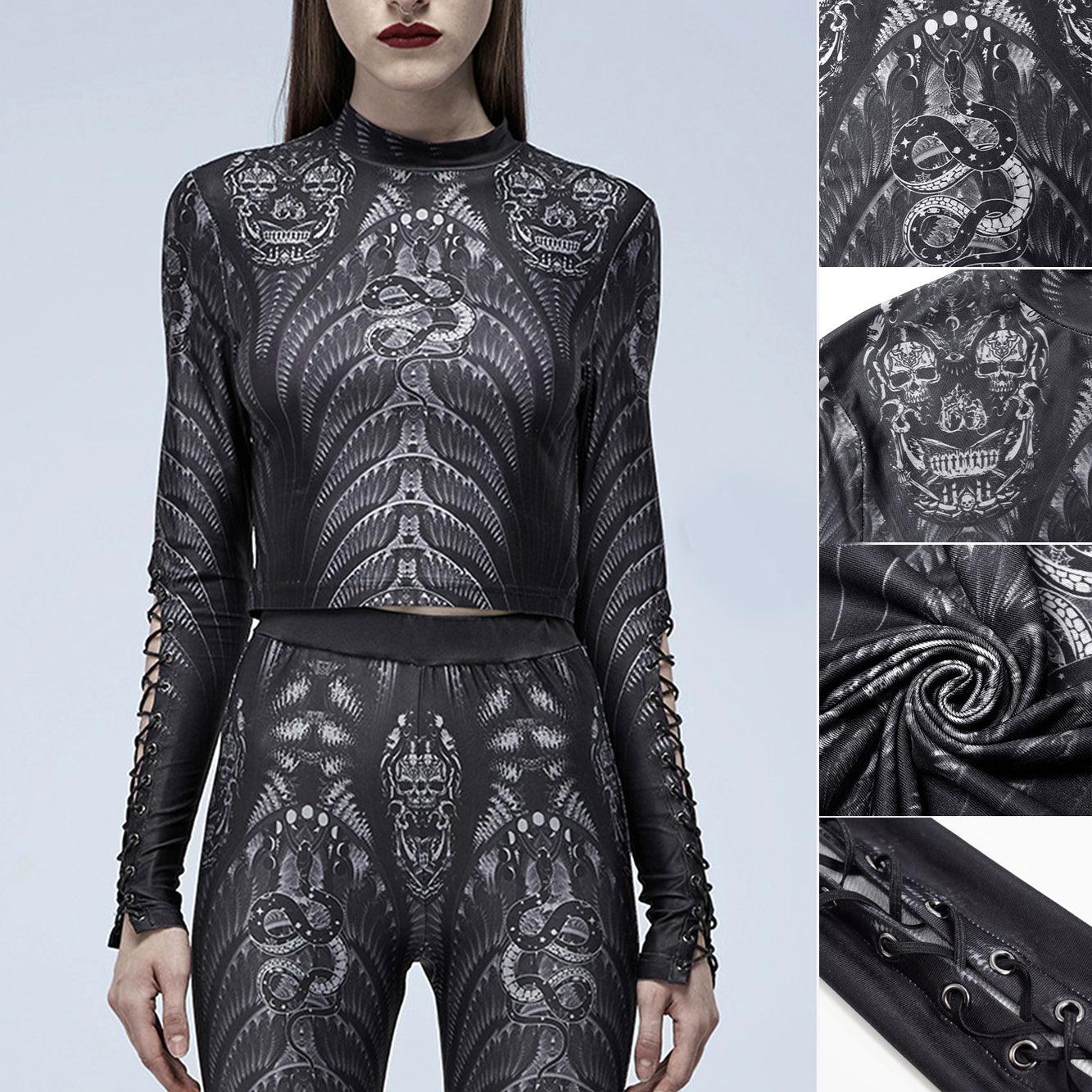 Gothic Skeleton Print Mesh Slim T-shirt, Sexy Long Sleeve Costume For Women - Wonder Skull