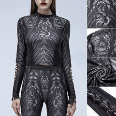 Gothic Skeleton Print Mesh Slim T-shirt, Sexy Long Sleeve Costume For Women - Wonder Skull