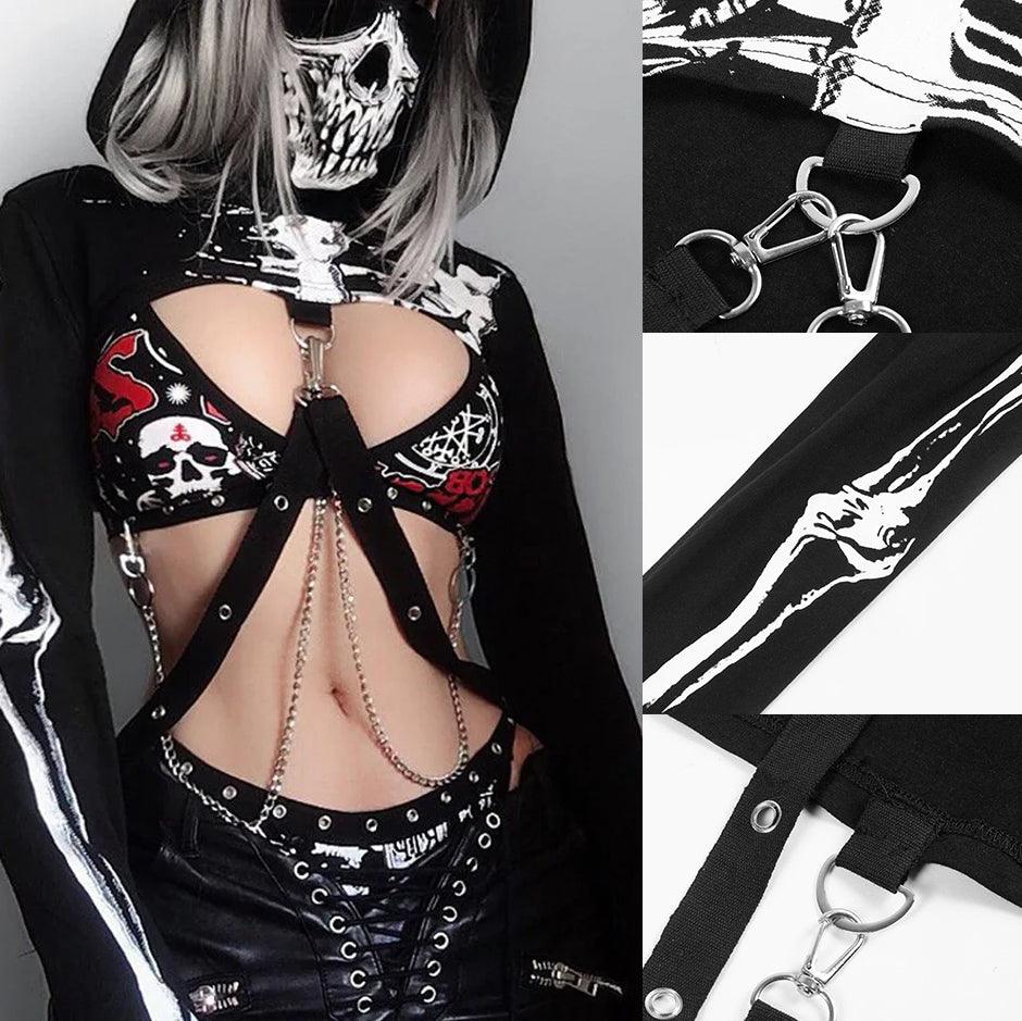 Gothic Scary Skull Hooded Hoodies, Impressive Skeleton Printed Long Sleeves Croptop For Women - Wonder Skull