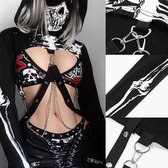 Gothic Scary Skull Hooded Hoodies, Impressive Skeleton Printed Long Sleeves Croptop For Women - Wonder Skull