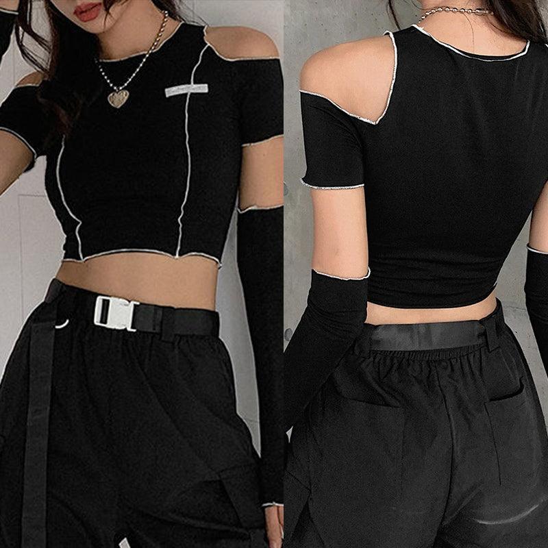 Emo Gothic Open Shoulder T-shirts, Cool Long Sleeve Crop Tops For Women - Wonder Skull