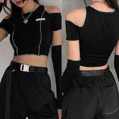 Emo Gothic Open Shoulder T-shirts, Cool Long Sleeve Crop Tops For Women - Wonder Skull