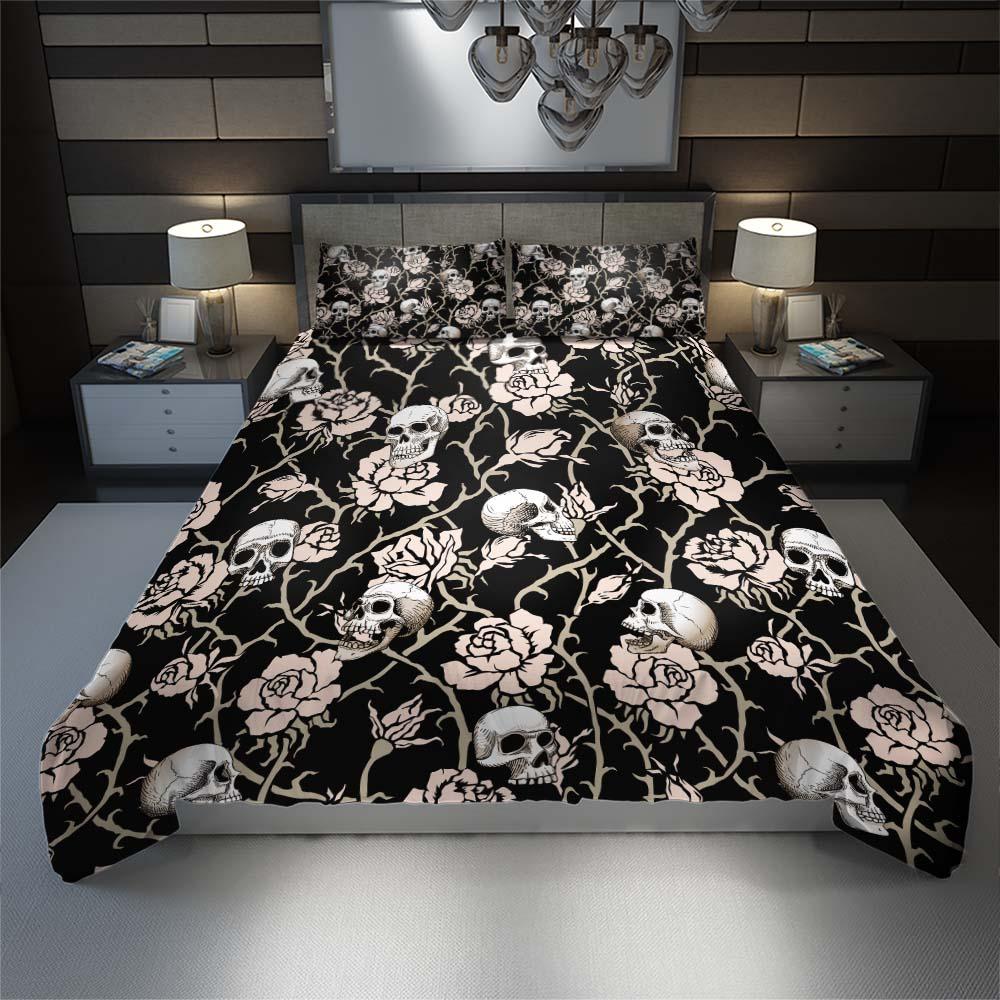 Light Grayish Orange Rose Skull Pattern Duvet Cover Set - Wonder Skull