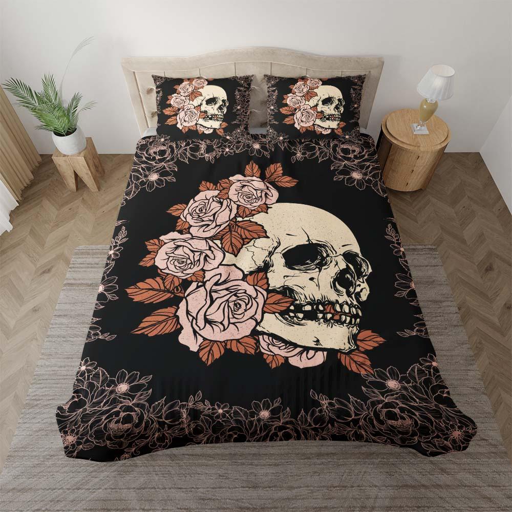 Light Grayish Red Rose Skull Duvet Cover Set - Wonder Skull