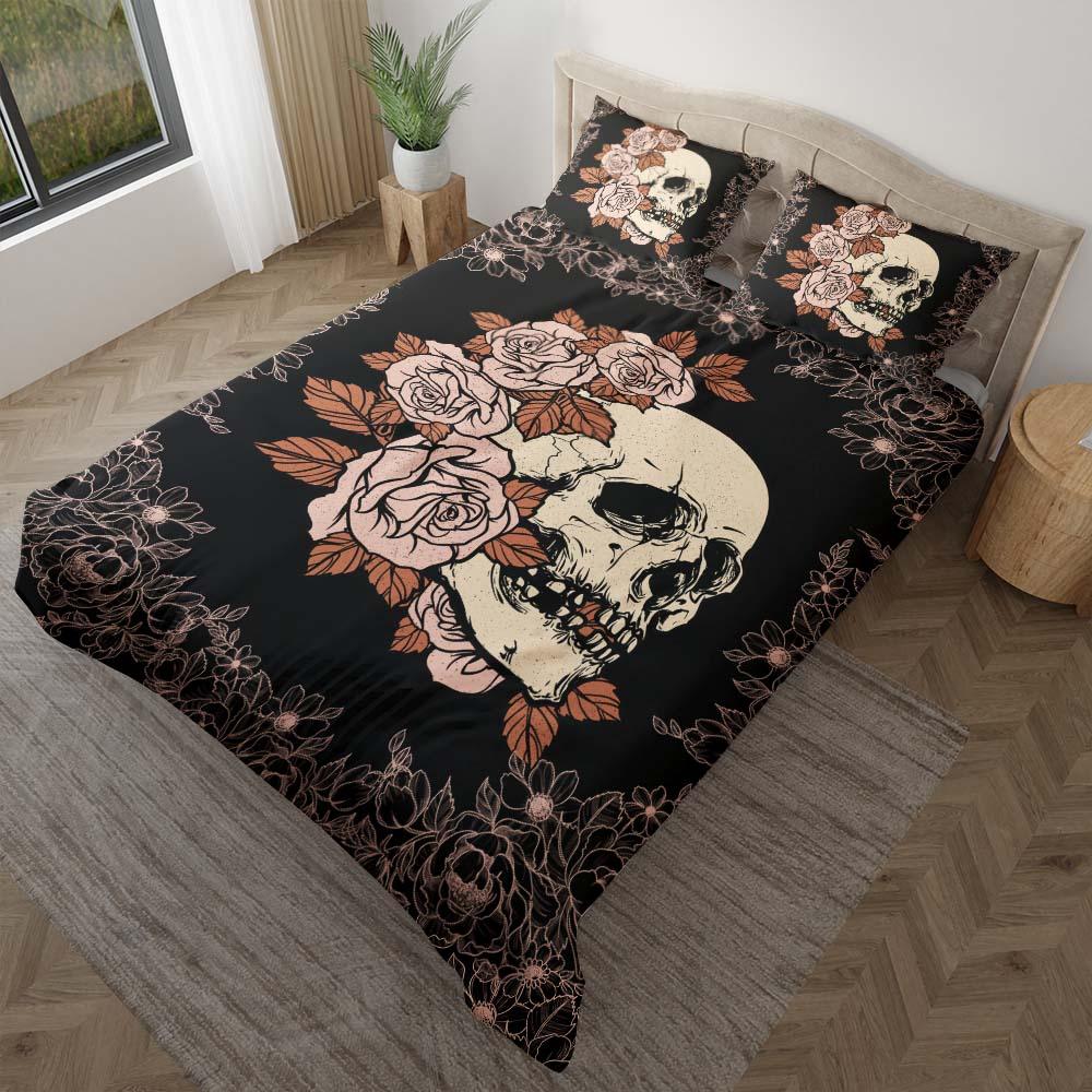 Light Grayish Red Rose Skull Duvet Cover Set - Wonder Skull