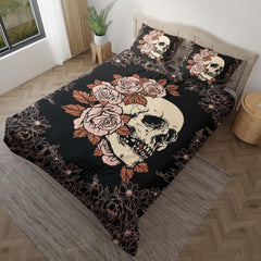 Light Grayish Red Rose Skull Duvet Cover Set - Wonder Skull