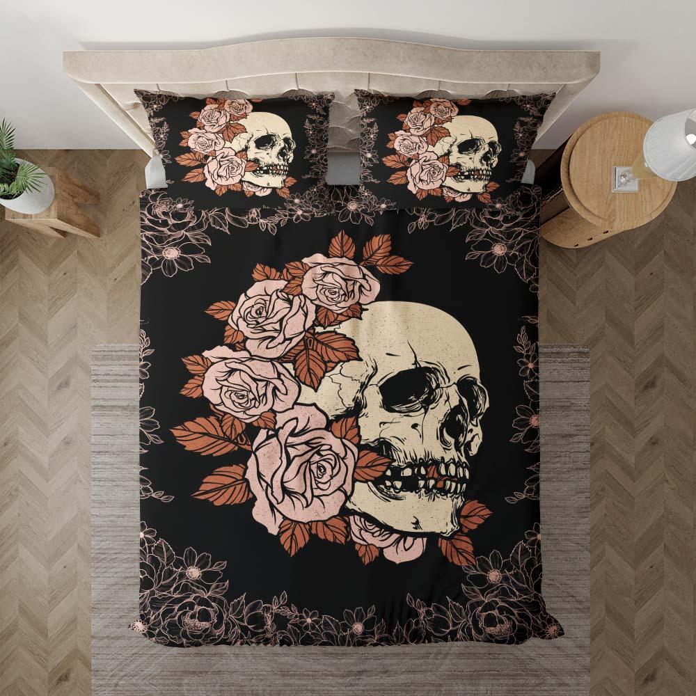 Light Grayish Red Rose Skull Duvet Cover Set - Wonder Skull