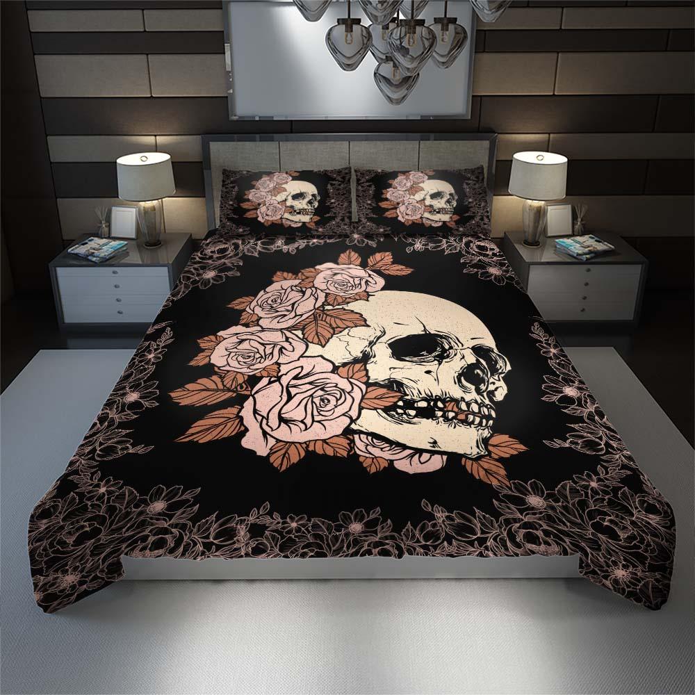 Light Grayish Red Rose Skull Duvet Cover Set - Wonder Skull