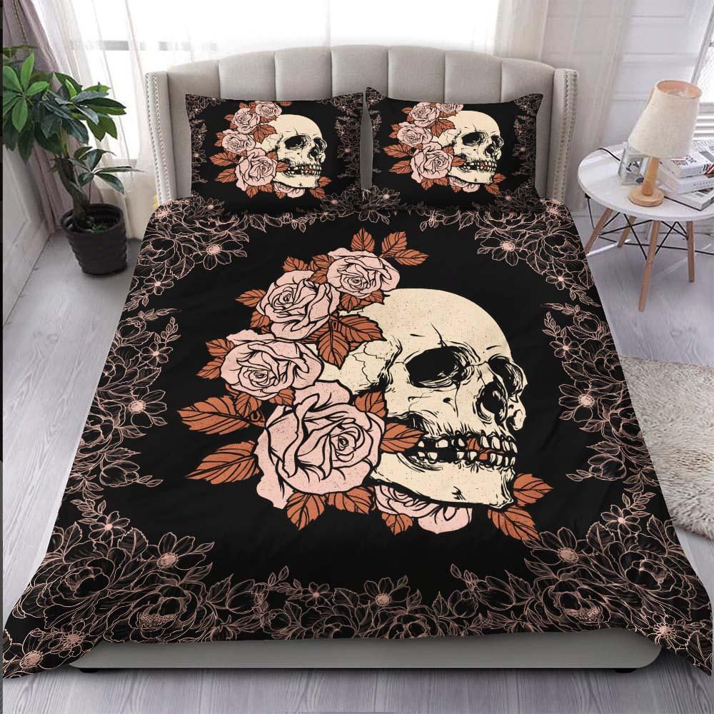 Light Grayish Red Rose Skull Duvet Cover Set - Wonder Skull