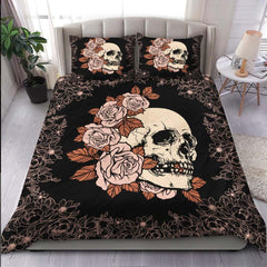 Light Grayish Red Rose Skull Duvet Cover Set - Wonder Skull
