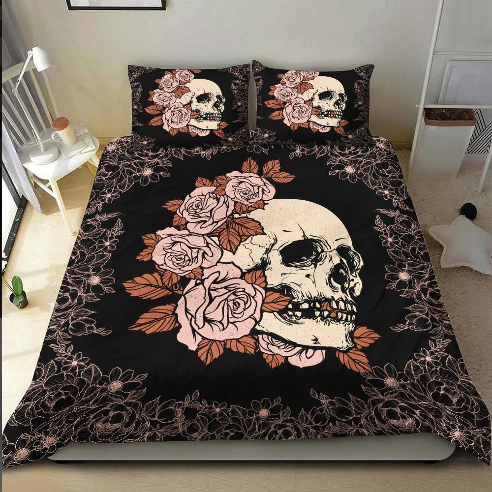 Light Grayish Red Rose Skull Duvet Cover Set - Wonder Skull