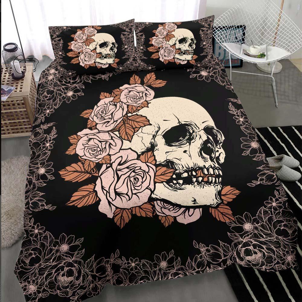 Light Grayish Red Rose Skull Duvet Cover Set - Wonder Skull