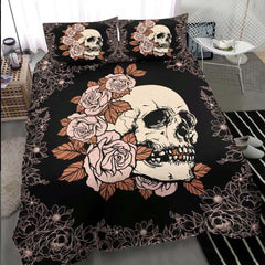 Light Grayish Red Rose Skull Duvet Cover Set - Wonder Skull