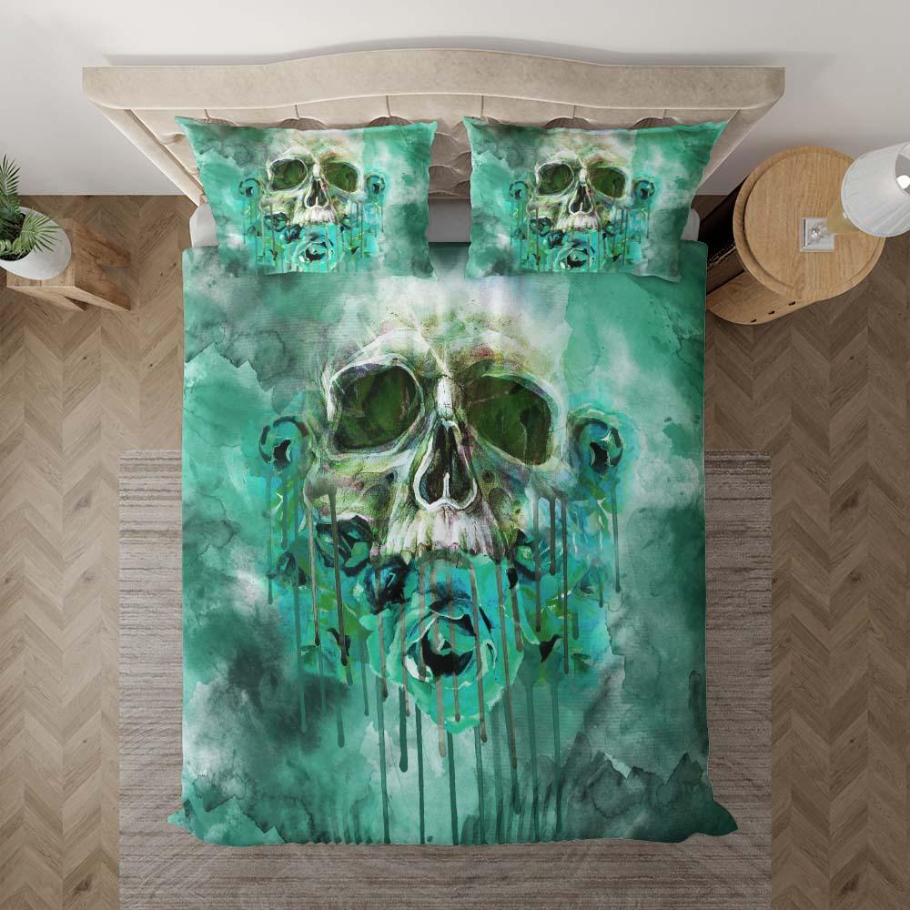 Lime Green Skull Rose Melting Duvet Cover Set - Wonder Skull