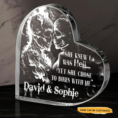She Knew I Was Hell - Customized Skull Couple Crystal Heart Anniversary Gifts - Wonder Skull