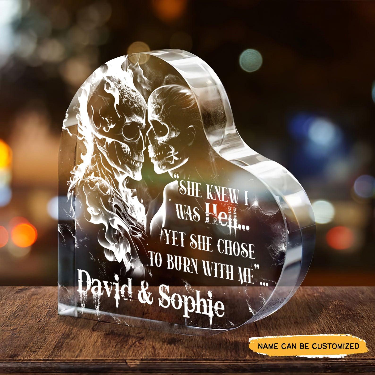 She Knew I Was Hell - Customized Skull Couple Crystal Heart Anniversary Gifts - Wonder Skull