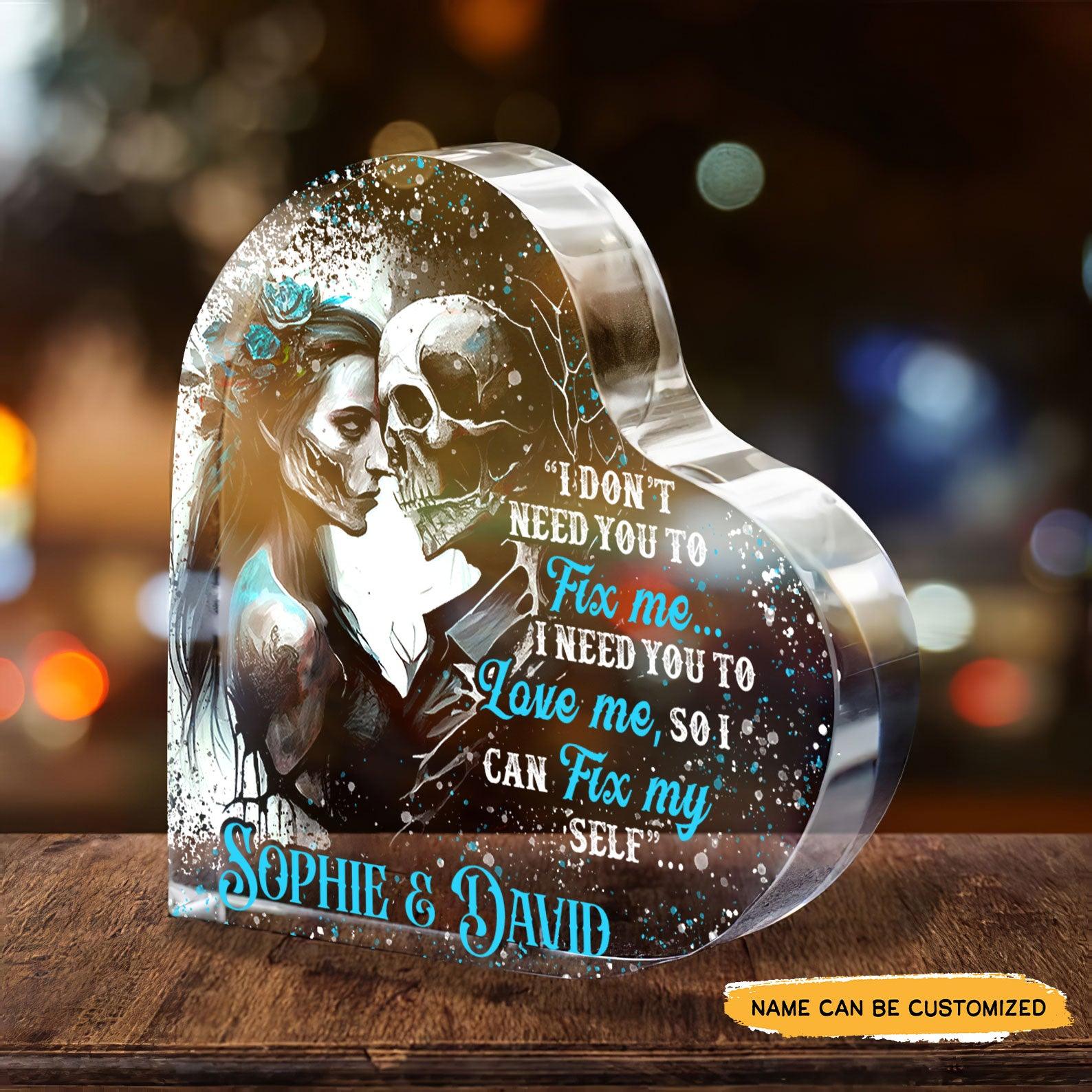 You To Fix Me - Customized Skull Couple Crystal Heart Anniversary Gifts - Wonder Skull