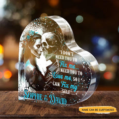 You To Fix Me - Customized Skull Couple Crystal Heart Anniversary Gifts - Wonder Skull