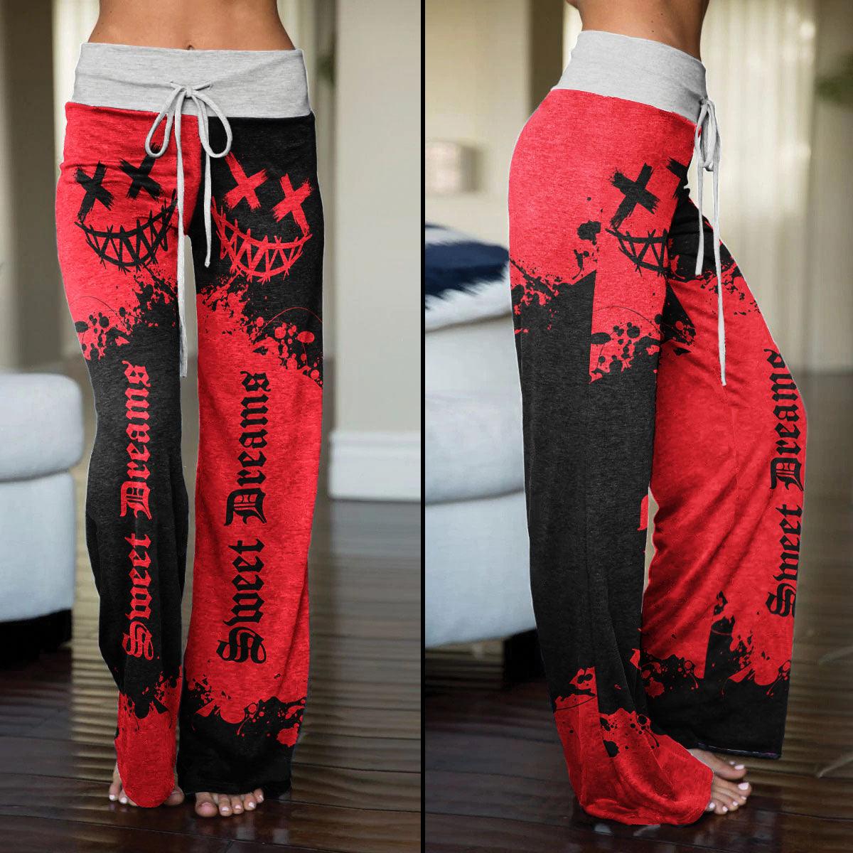 Sweet Dream Half Red Black High-waisted Wide Leg Pants - Wonder Skull