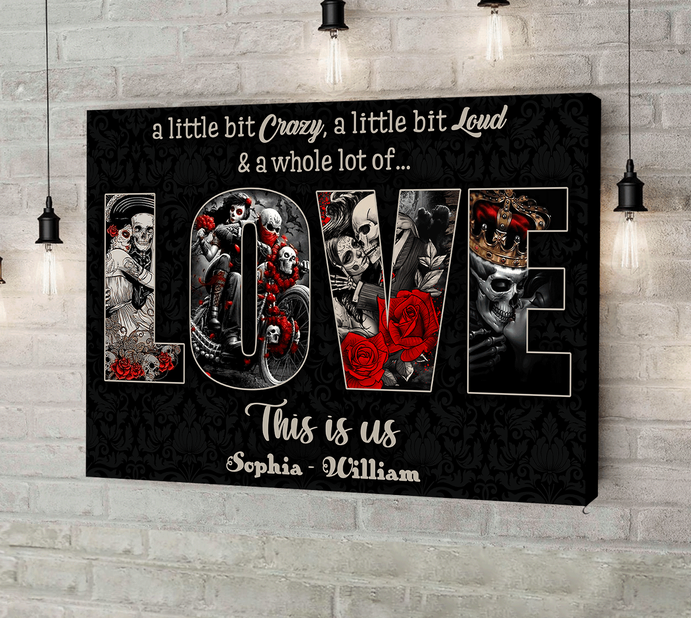 A Little bit Crazy - Gothic Skull Love Personalized Horizontal Canvas - Wonder Skull