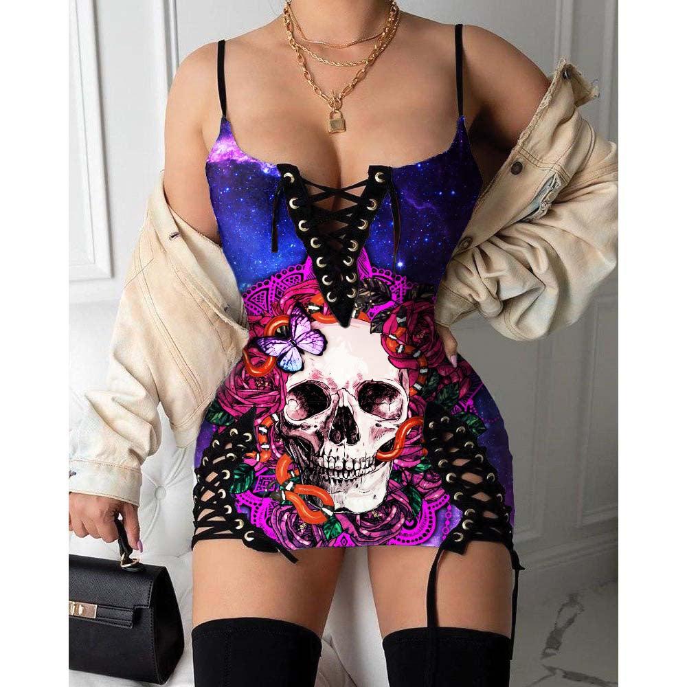 Skull Rose Pattern Gothic Eyelet Lace-up Letter Dress - Wonder Skull