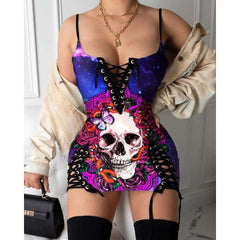 Skull Rose Pattern Gothic Eyelet Lace-up Letter Dress - Wonder Skull