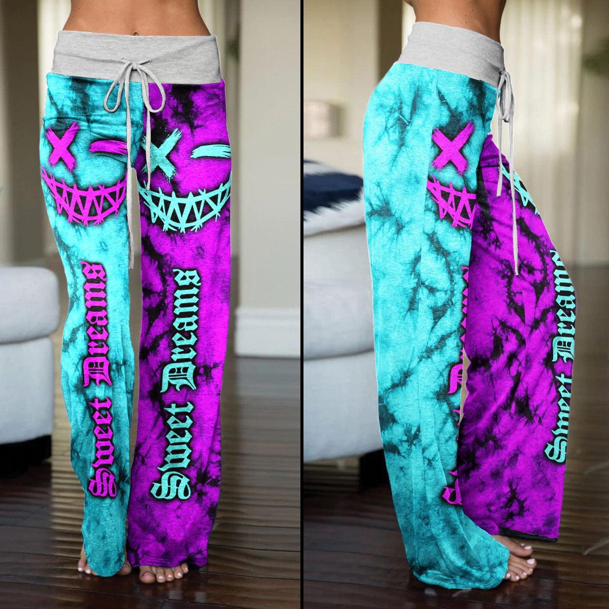 Sweet Dream Face Smile Half Cyan Purple High-waisted Wide Leg Pants - Wonder Skull