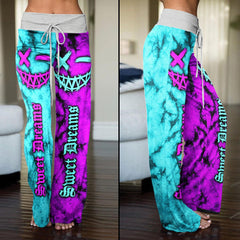 Sweet Dream Face Smile Half Cyan Purple High-waisted Wide Leg Pants - Wonder Skull