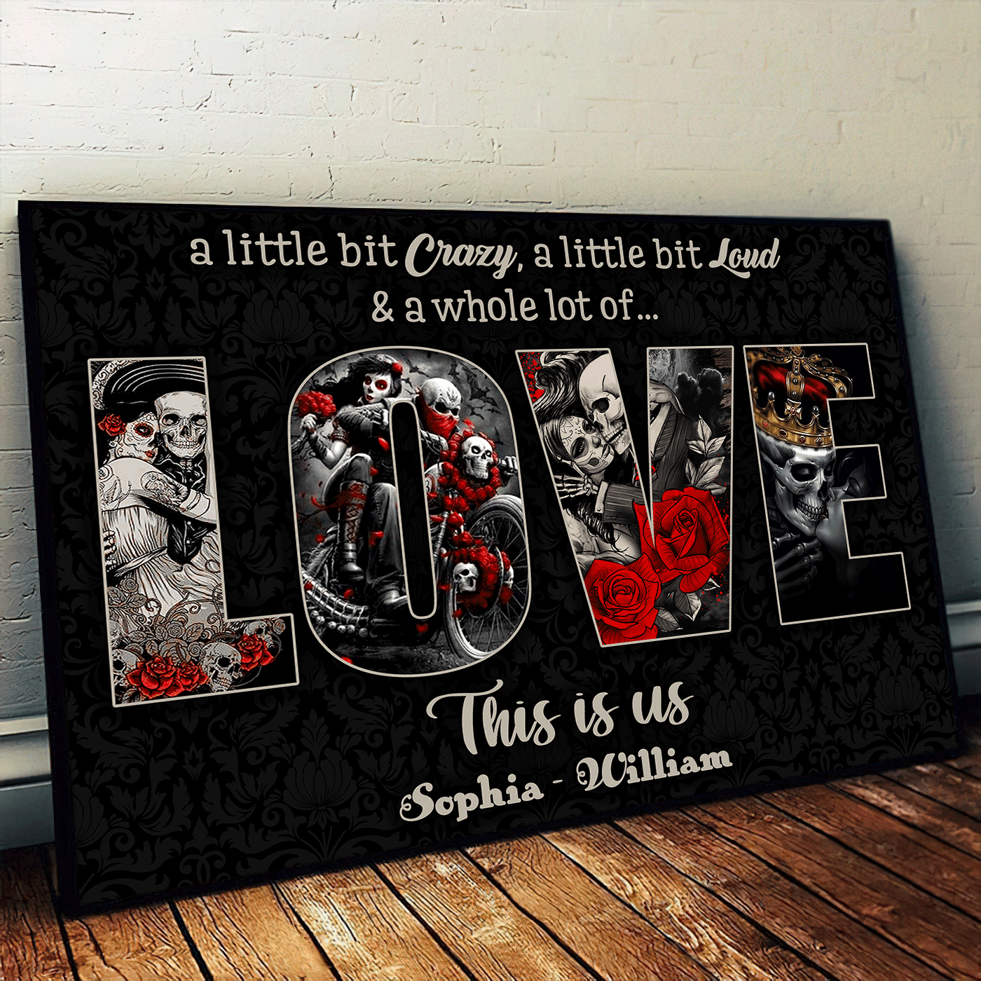 A Little bit Crazy - Gothic Skull Love Personalized Horizontal Canvas - Wonder Skull