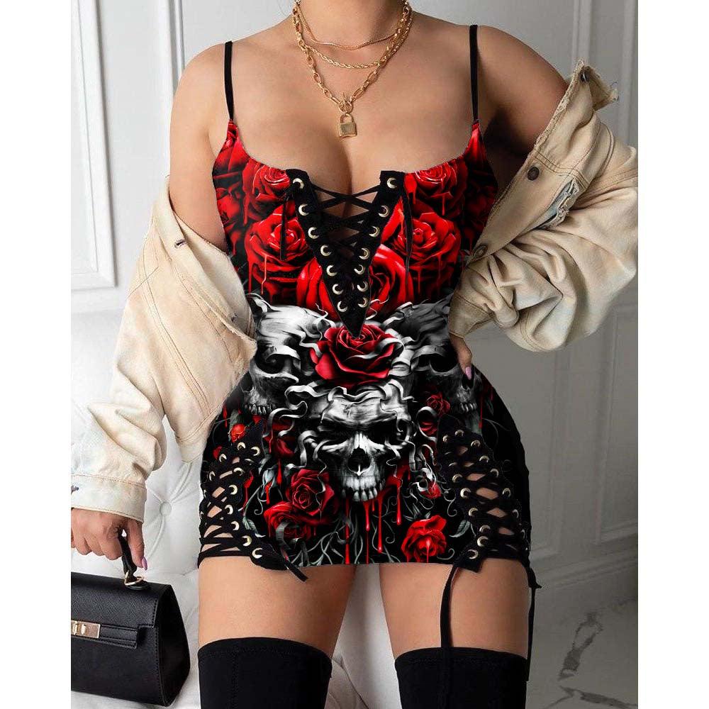 Three Skull Fire Gothic Eyelet Lace-up Letter Dress - Wonder Skull