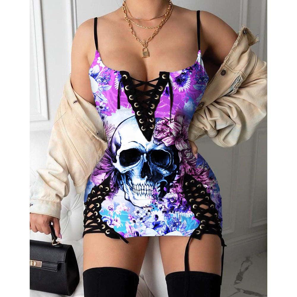 Skull Flower Pattern Gothic Eyelet Lace-up Letter Dress - Wonder Skull