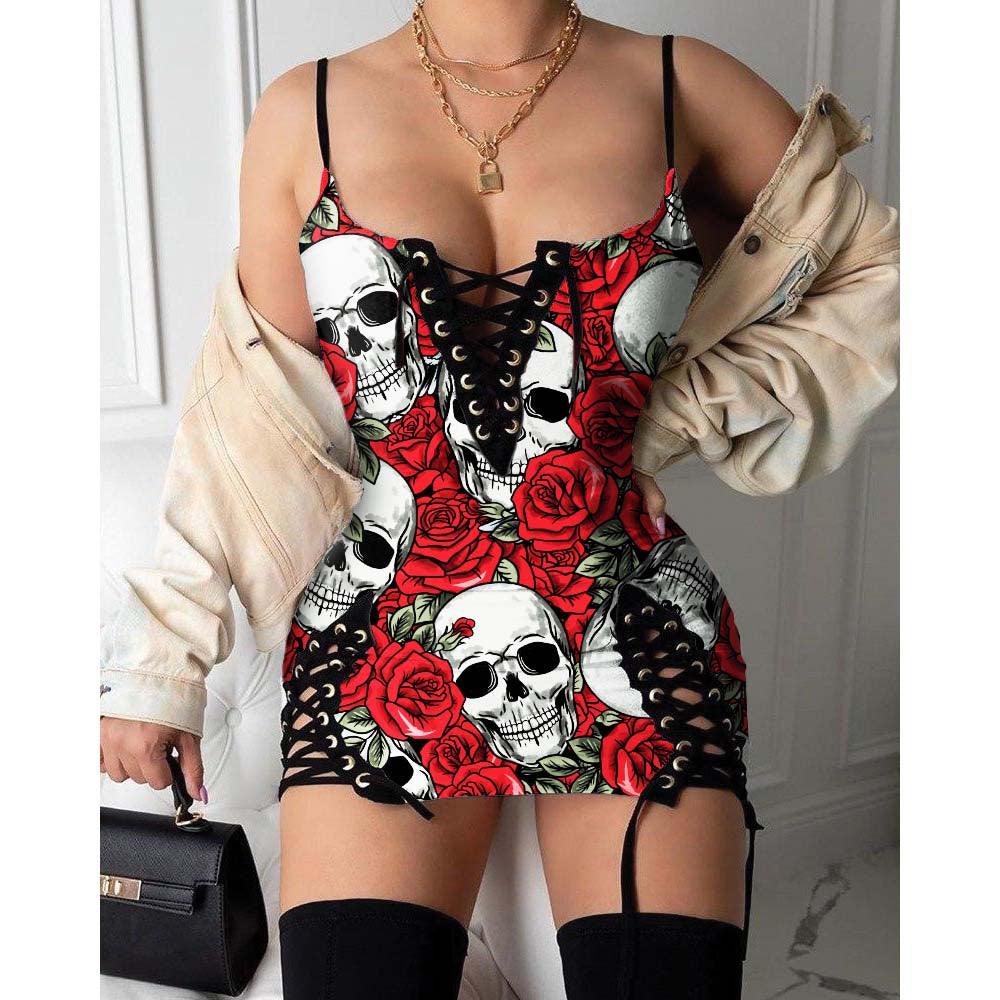 Skull Pattern Rose Gothic Eyelet Lace-up Letter Dress - Wonder Skull