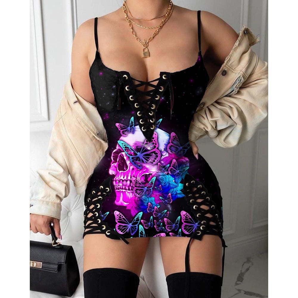 Skull Butterfly Purple Gothic Eyelet Lace-up Letter Dress - Wonder Skull