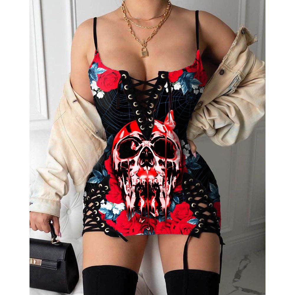 Skull Butterfly Gothic Eyelet Lace-up Letter Dress - Wonder Skull
