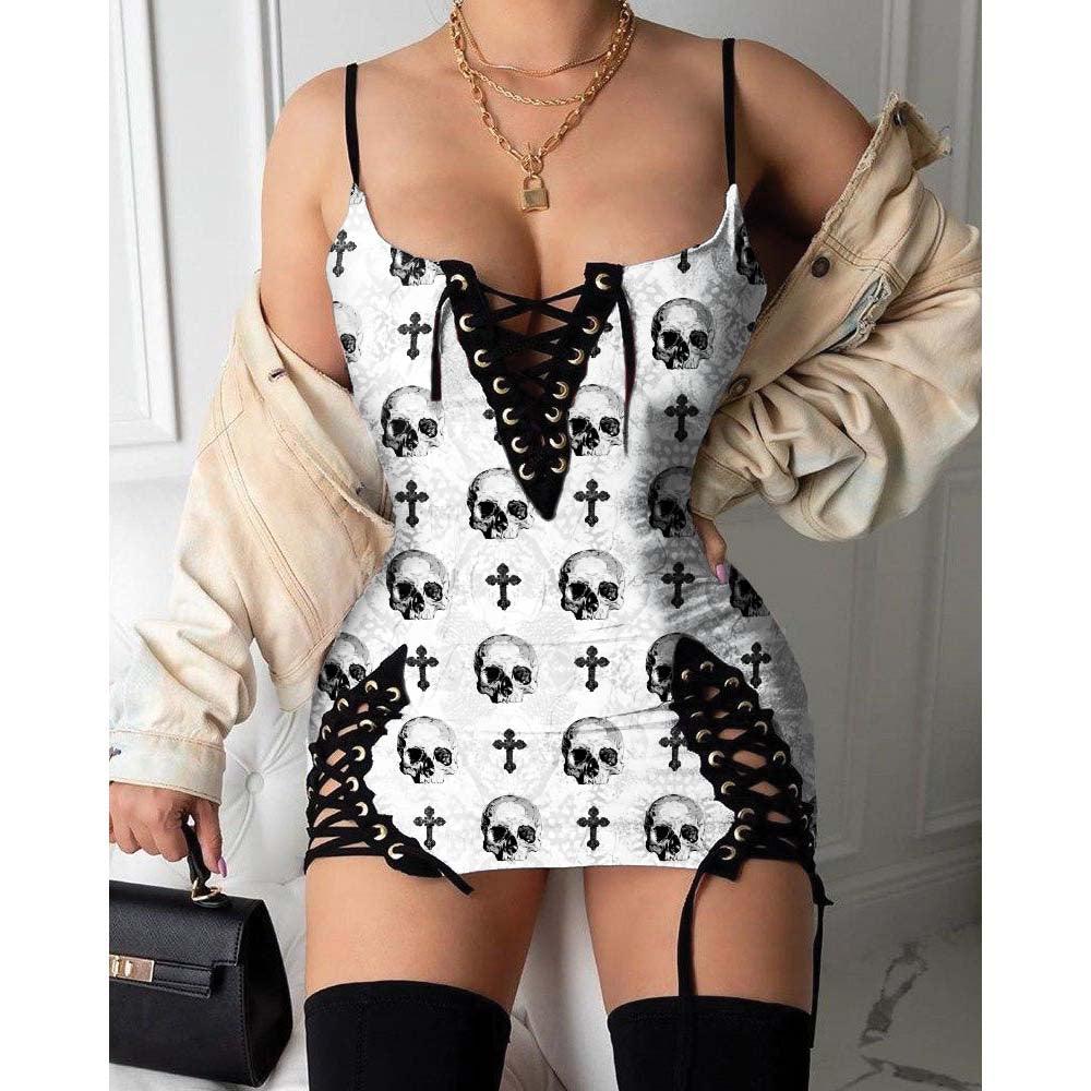 Skull Pattern Gothic Eyelet Lace-up Letter Dress - Wonder Skull