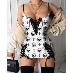 Skull Pattern Gothic Eyelet Lace-up Letter Dress - Wonder Skull