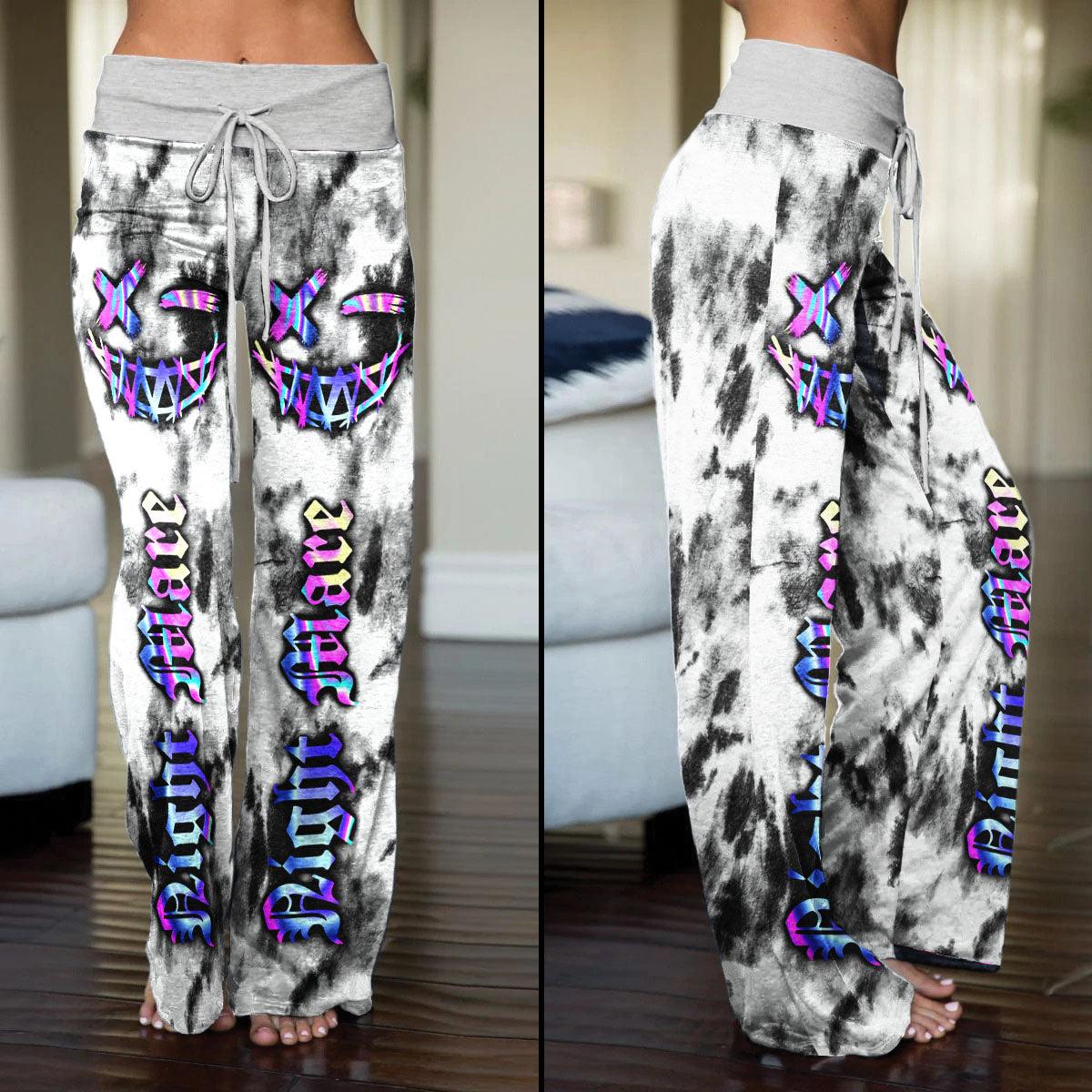 Face Smile Tiedye Gray White High-waisted Wide Leg Pants - Wonder Skull