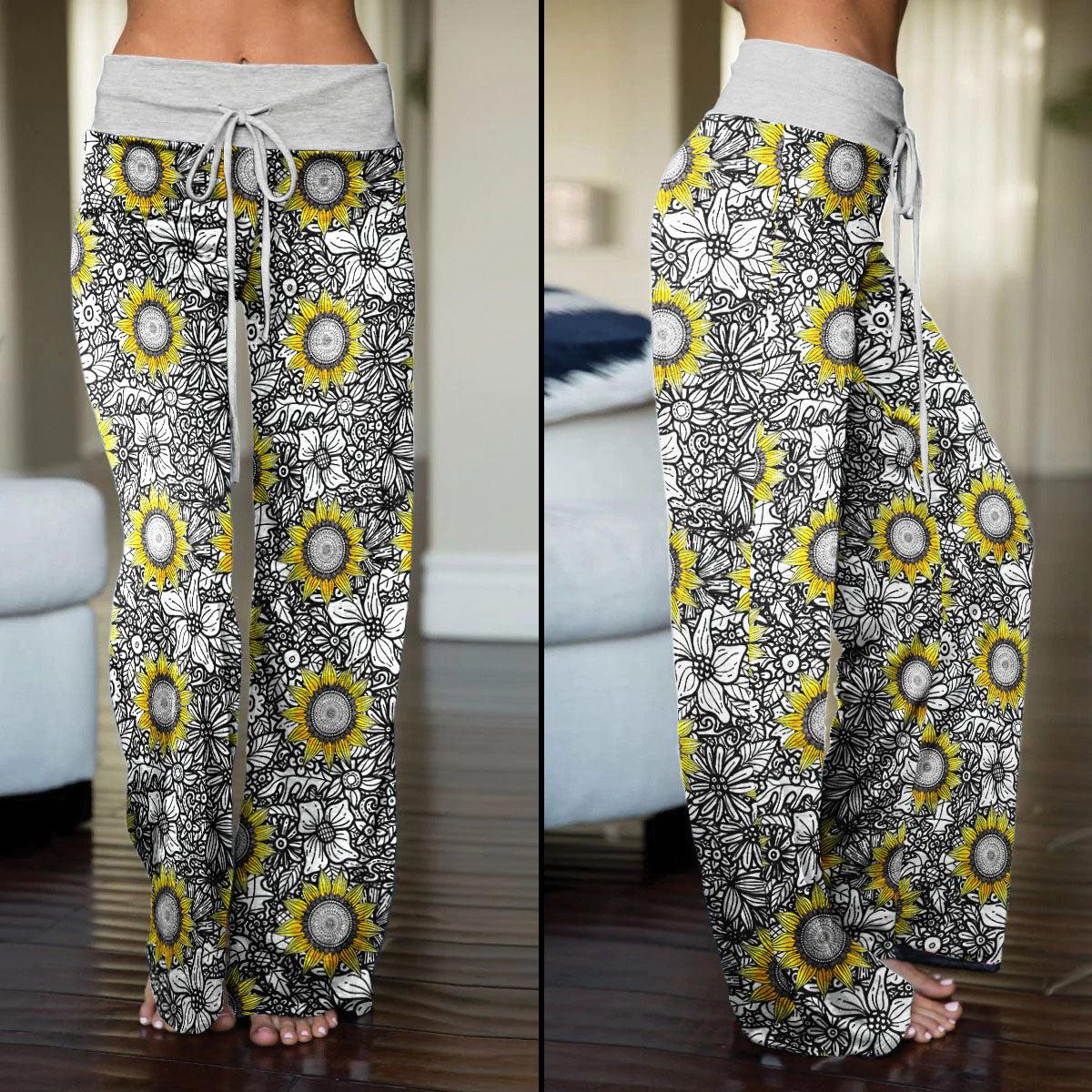 Sunflower Pattern High-waisted Straight-leg Trousers - Wonder Skull