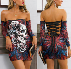 Skull Sugar Rose Gothic Off-shoulder Back Lace-up Dress - Wonder Skull