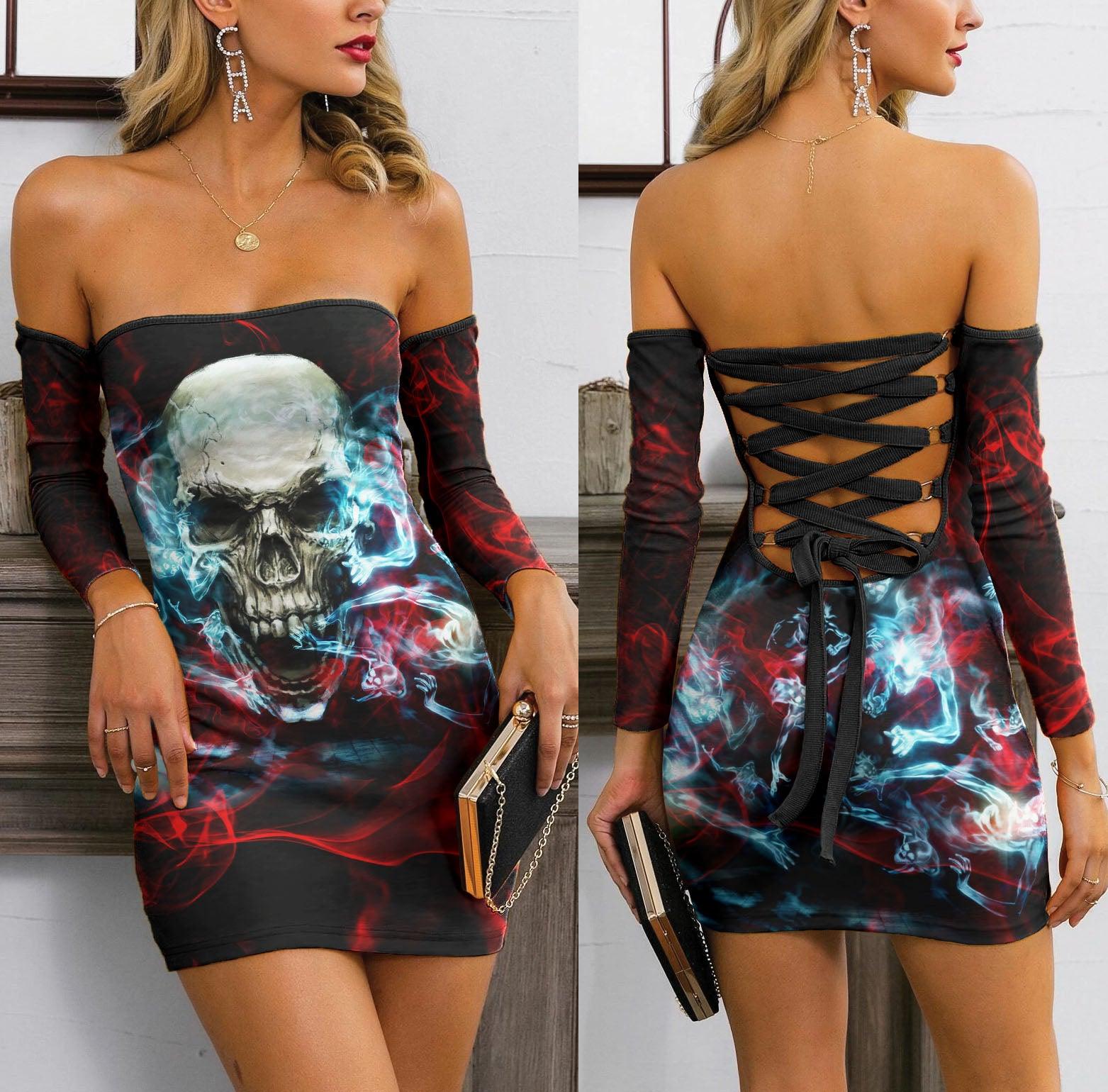 Skull Smoke Red Blue Off-shoulder Back Lace-up Dress - Wonder Skull