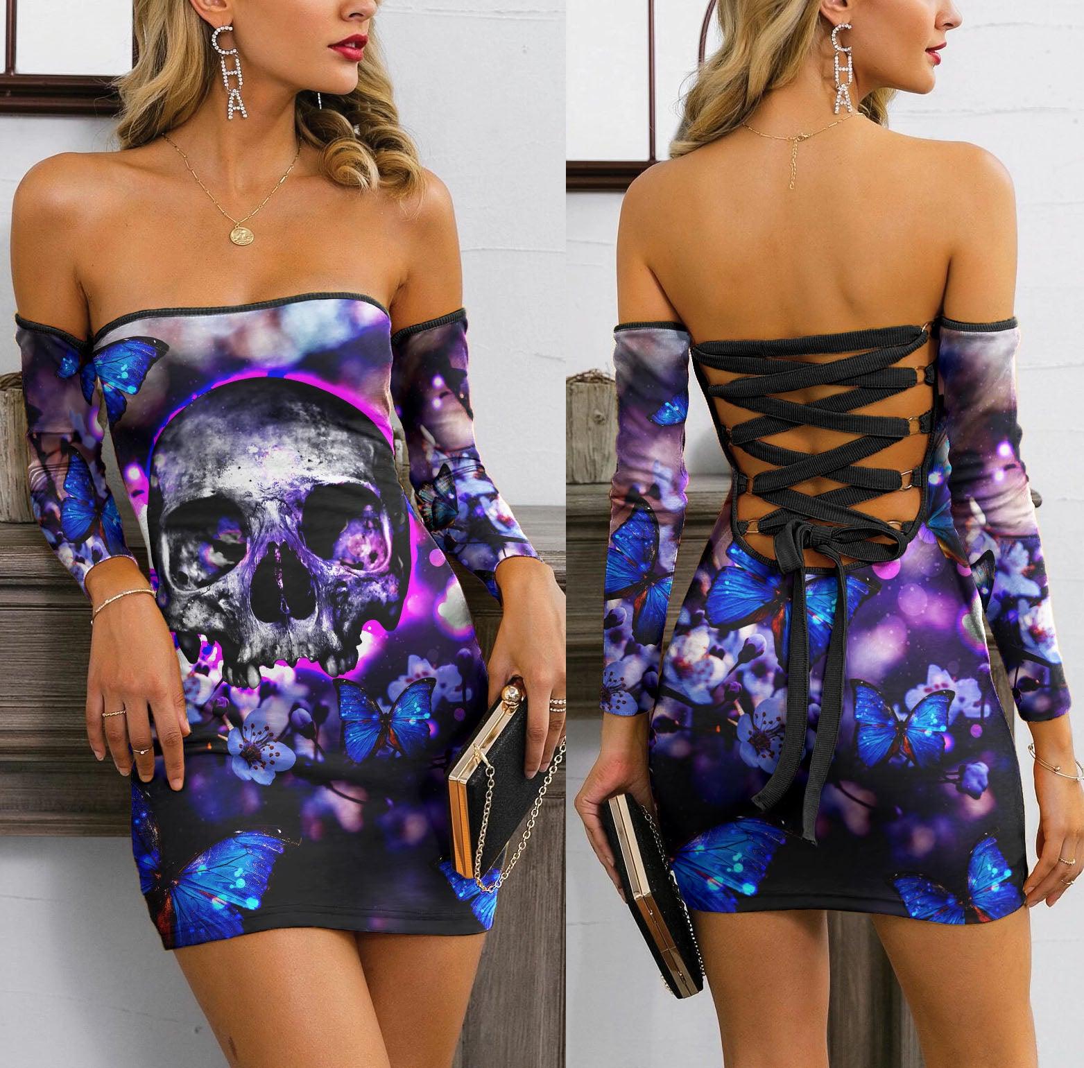 Skull Sugar Butterfly Purple Off-shoulder Back Lace-up Dress - Wonder Skull