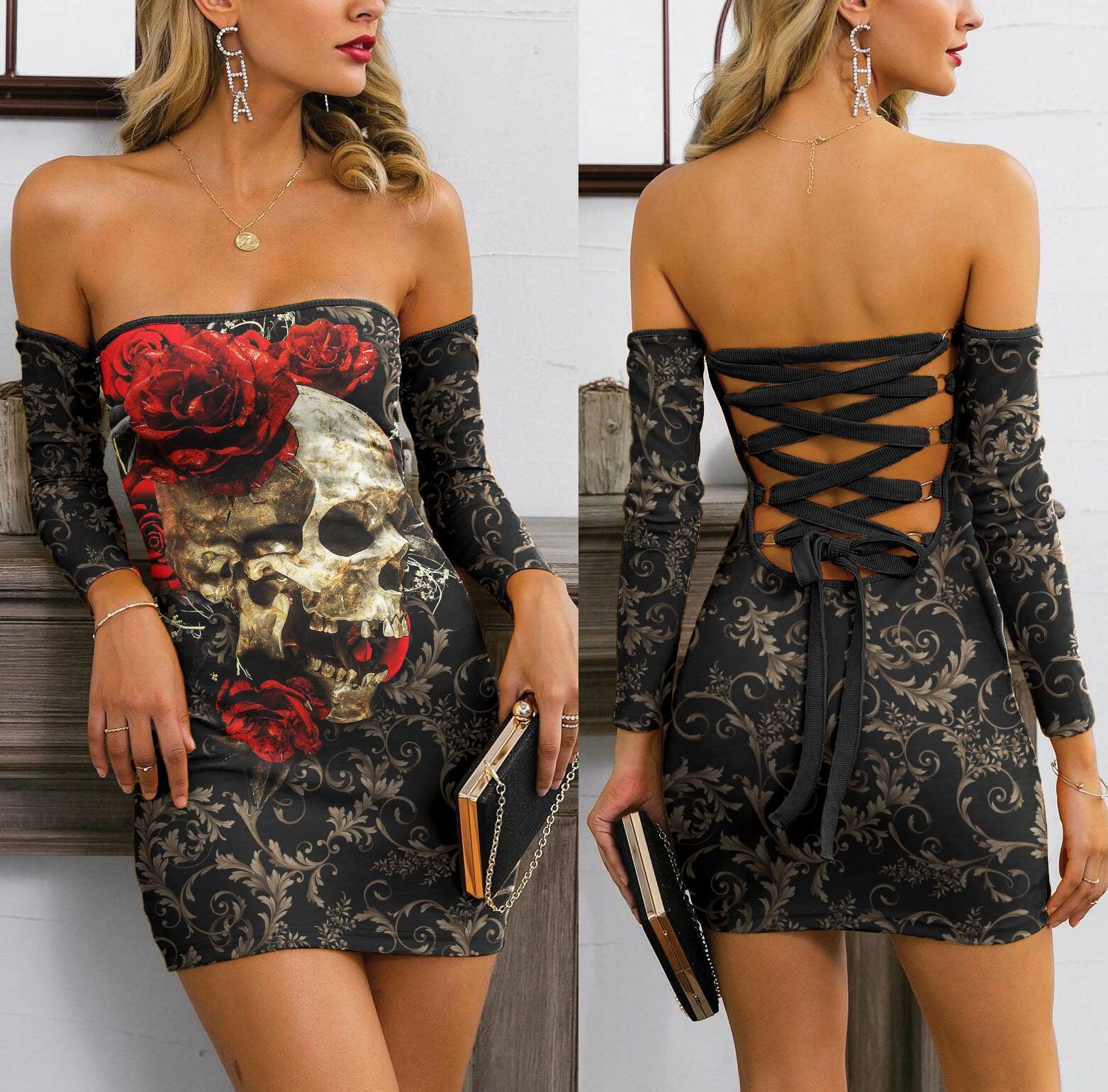Skull Pattern Rose Off-shoulder Back Lace-up Dress - Wonder Skull