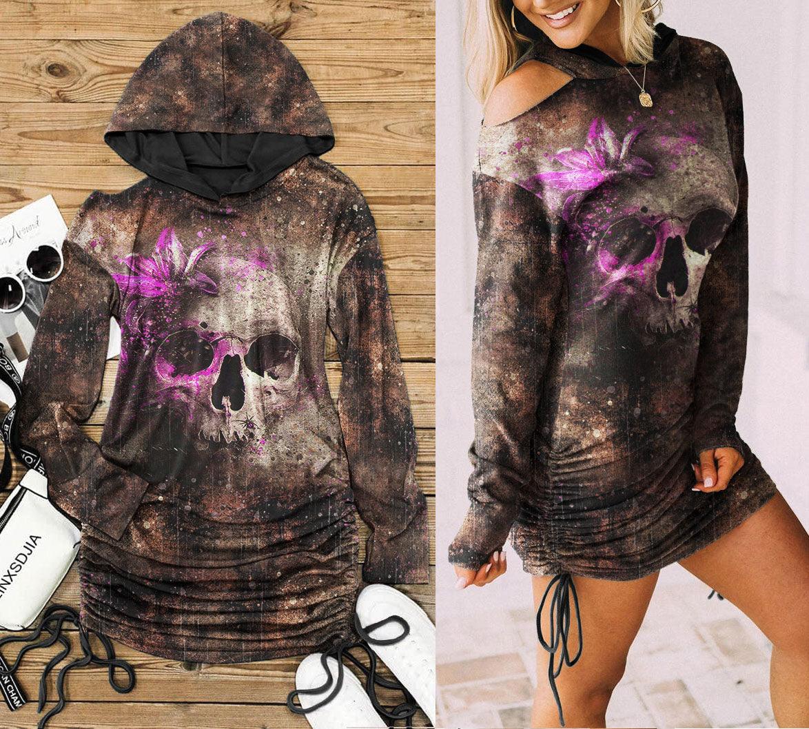 Brown Pink Flower Drawing Skull Print Open Shoulder Dress - Wonder Skull
