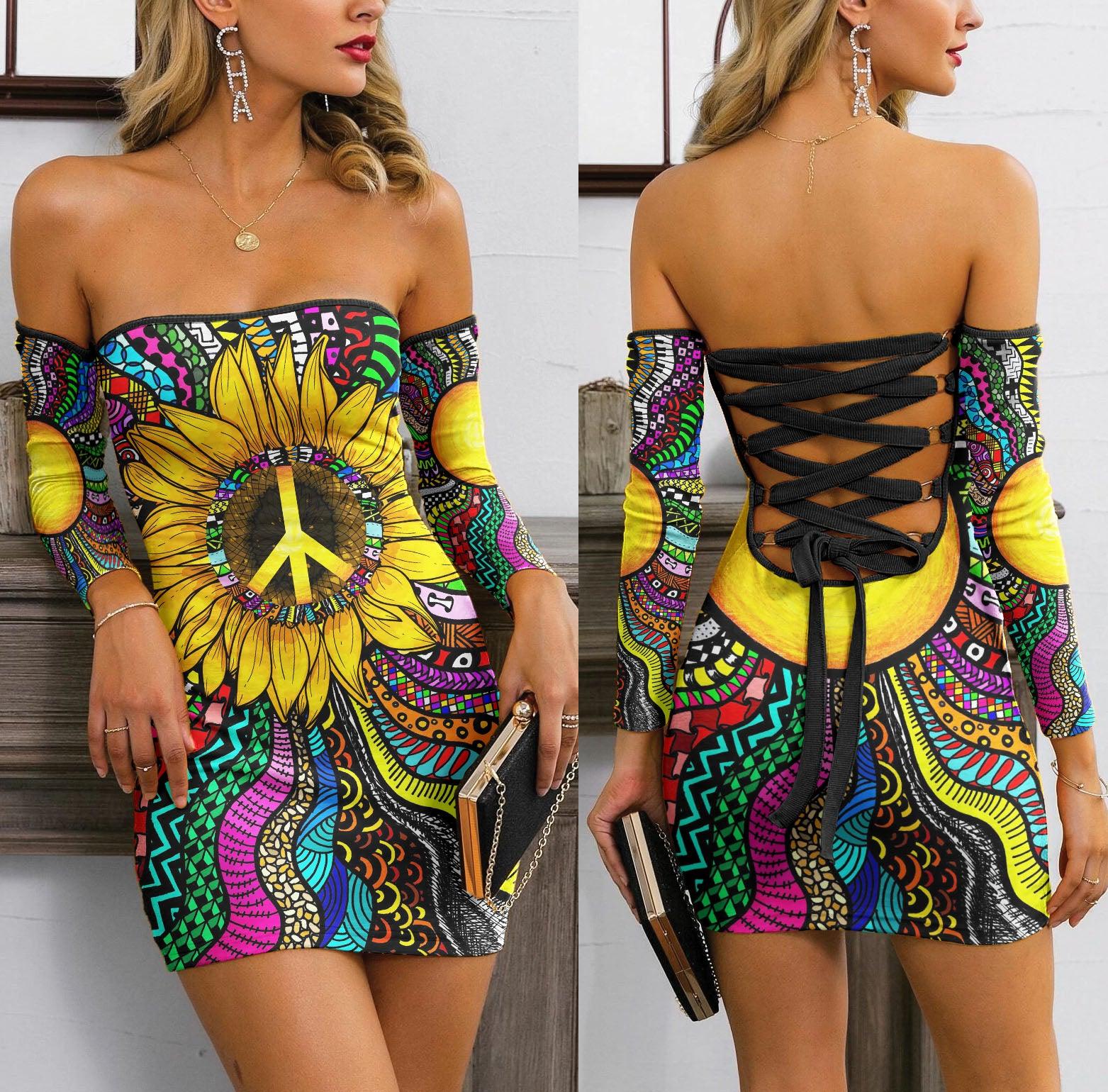Sunflower Hippie Pattern Off-shoulder Back Lace-up Dress - Wonder Skull