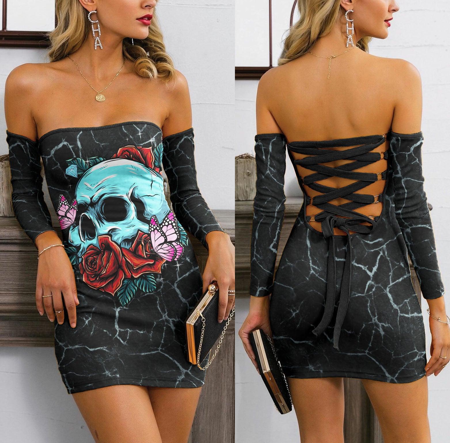 Skull Rose Crack Off-shoulder Back Lace-up Dress - Wonder Skull
