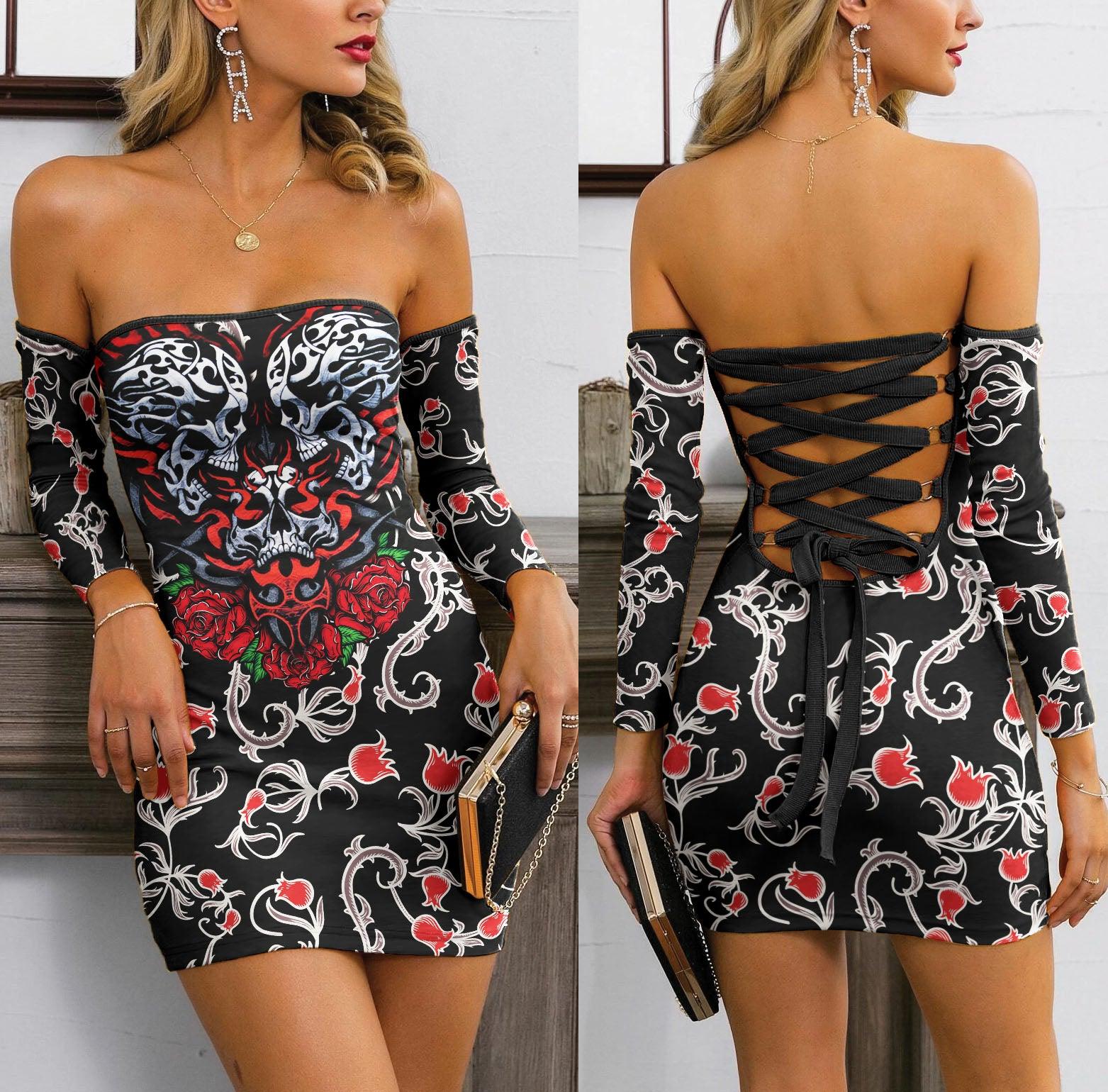 Skull Sugar Gothic Rose Off-shoulder Back Lace-up Dress - Wonder Skull
