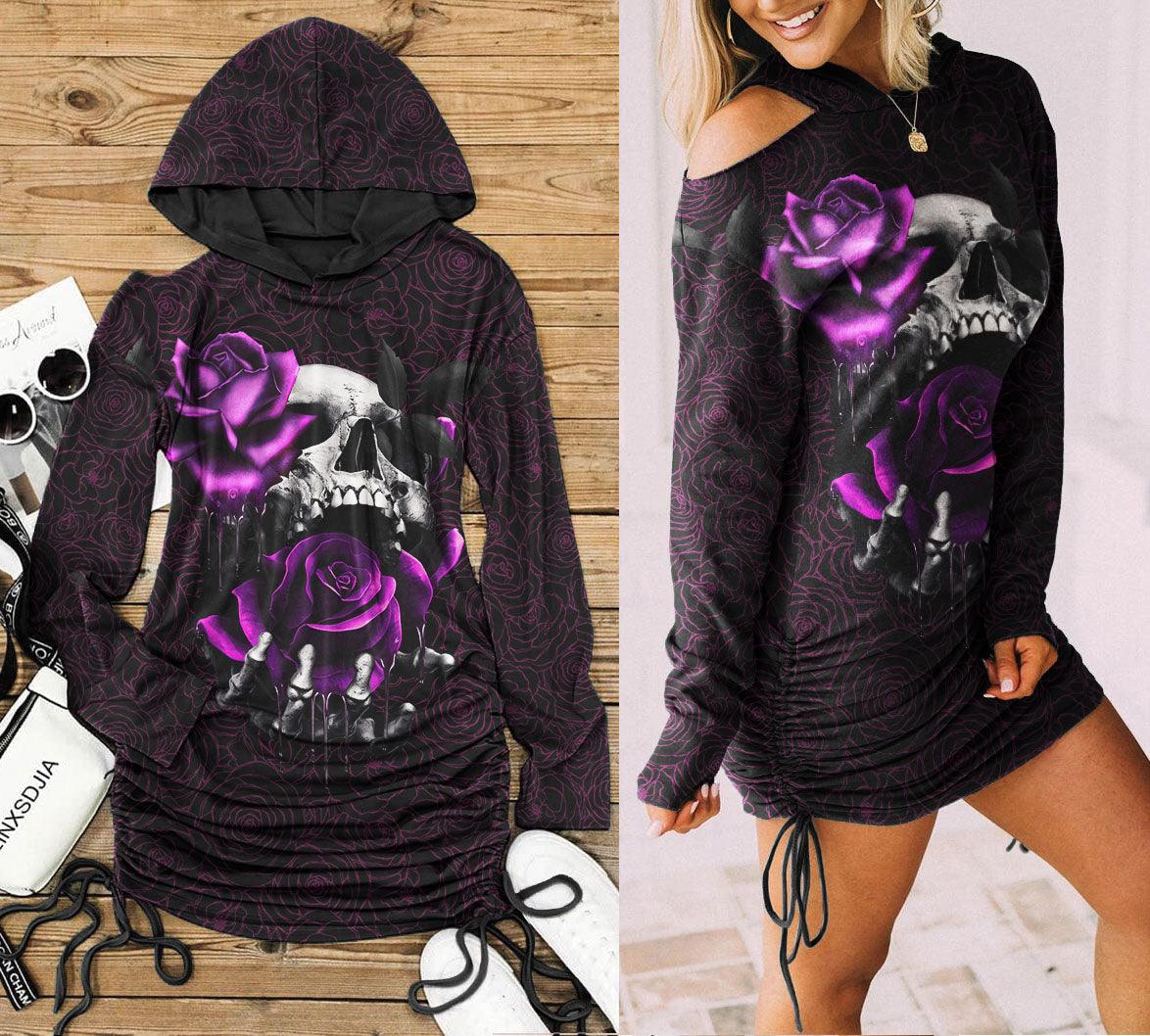 Pink Color Drawing Rose Skull Print Open Shoulder Dress - Wonder Skull