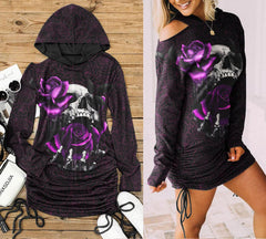 Pink Color Drawing Rose Skull Print Open Shoulder Dress - Wonder Skull